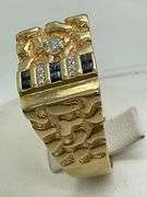 MEN'S CERTIFIED 14K YELLOW GOLD NUGGET RING WITH DIAMONDS AND SAPPHIRES
