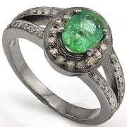1.00 CT EMERALD & DIAMOND BLACK PLATED STERLING RING