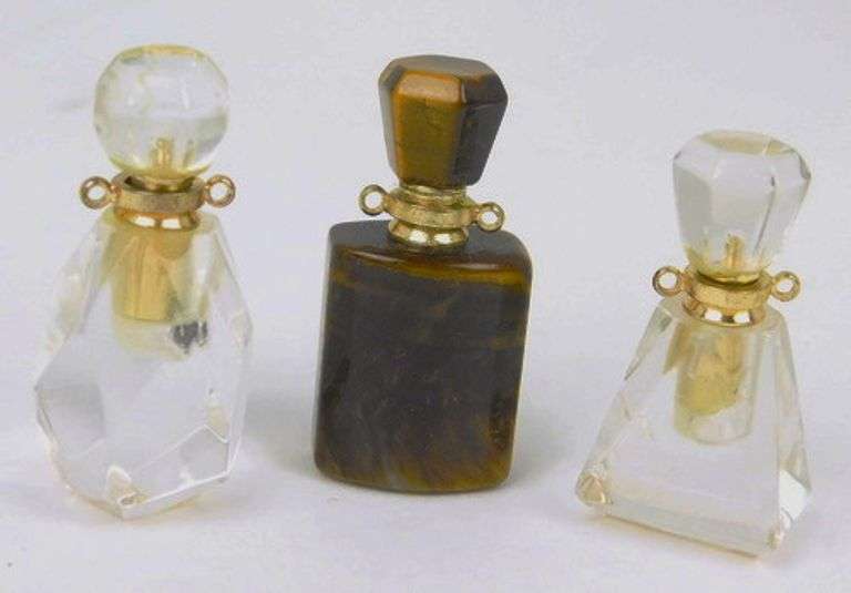 3 Miniature Perfume Bottles, Crystal & Tiger Eye