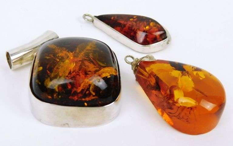 3 Big Chunky Vintage Amber Sterling Silver Pendants