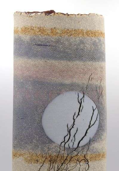 Vintage Alan Steinburg slab pottery vase with imprints and soft postel colors