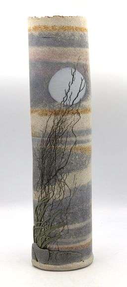 Vintage Alan Steinburg slab pottery vase with imprints and soft postel colors