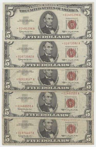 5 Seldom-seen 1963 Series $5 Red Seal STAR notes
