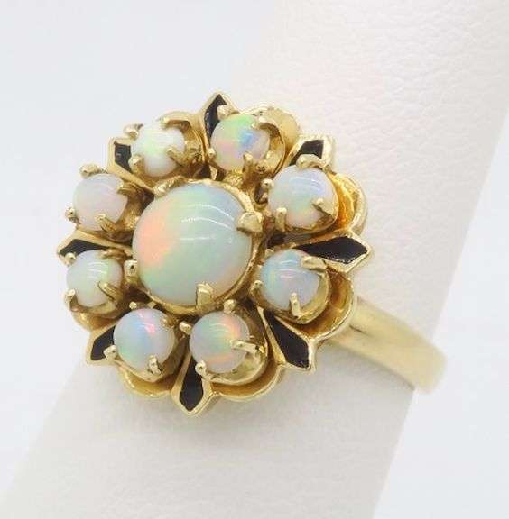 Opal & Black Enamel Ring