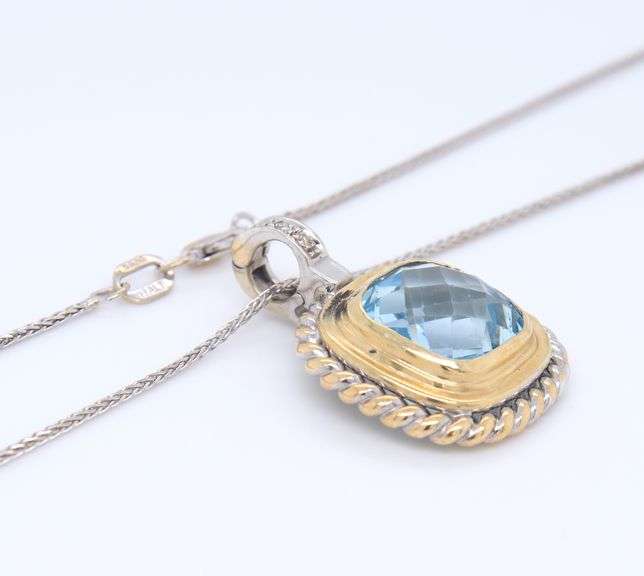 14kt Two Tone Gold Blue Topaz Square Cable Classic Pendant on White Gold Chain Necklace
