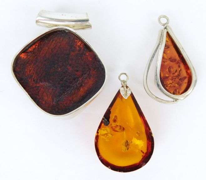 3 Big Chunky Vintage Amber Sterling Silver Pendants