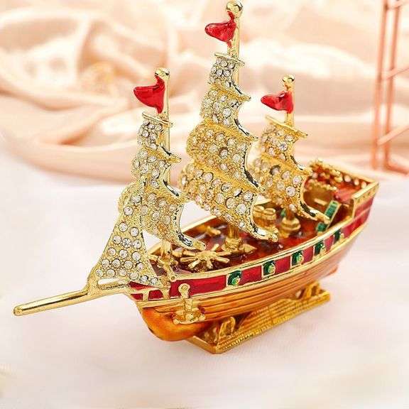 Hand-Painted Ship with Rhinestones Trinket Box