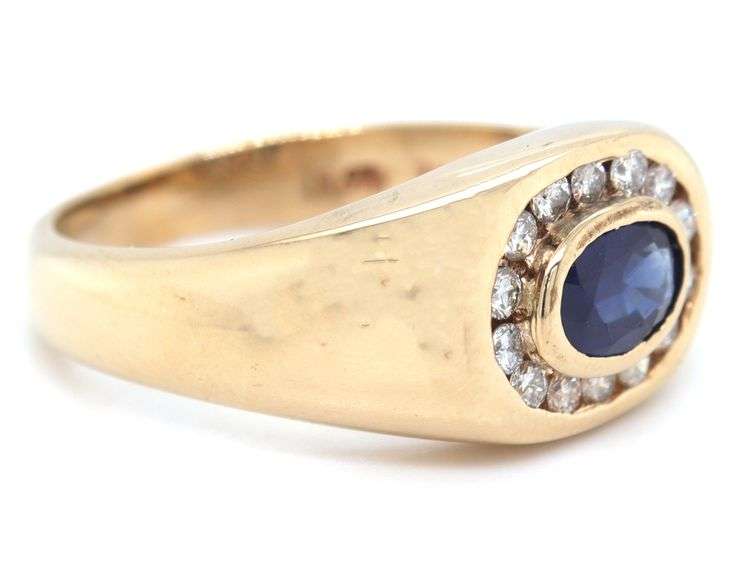Gent's 14kt Yellow gold blue sapphire and diamond halo ring