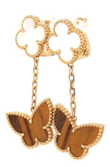 18kt Yellow gold mother of pearl motif and tiger eye butterfly dangle earrings