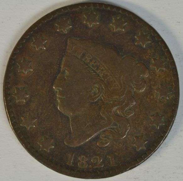 Chestnut-brown scarce 1821 Coronet Large Cent in Fine+
