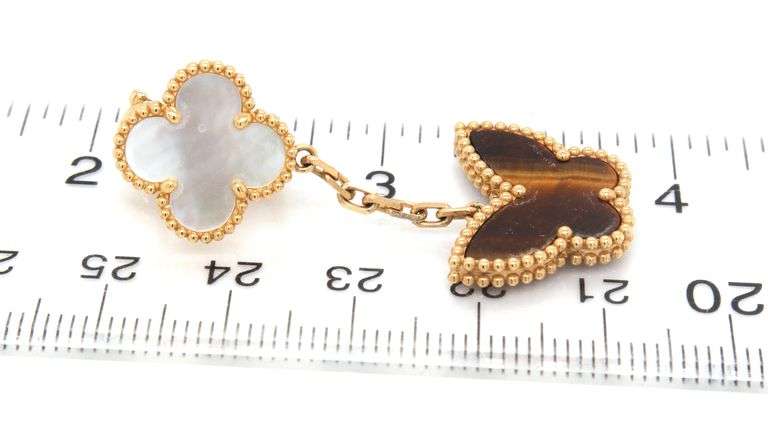 18kt Yellow gold mother of pearl motif and tiger eye butterfly dangle earrings