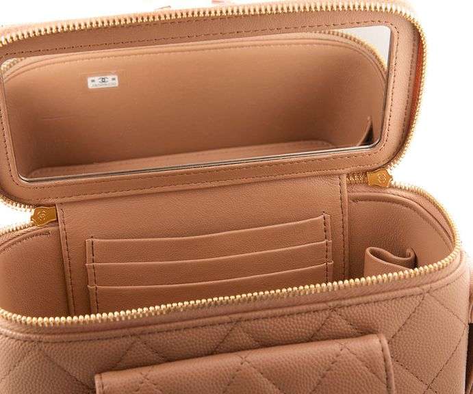 CHANEL Neutral Caviar Quilted Polly Pocket East West Top Vanity Chain Shoulder Bag w/ Box