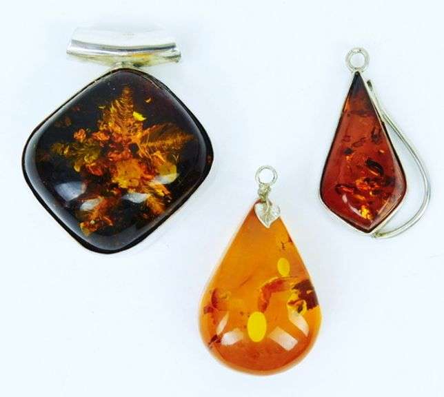3 Big Chunky Vintage Amber Sterling Silver Pendants