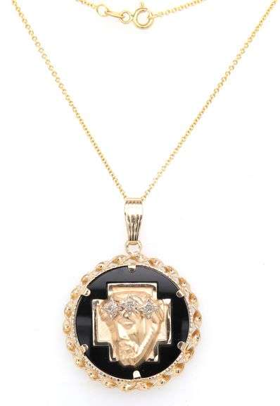 14kt Yellow gold Christ head round black onyx and diamond braided twisted pendant on chain