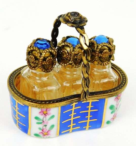 French Limoges Basket of 3 Miniature Perfume Bottles