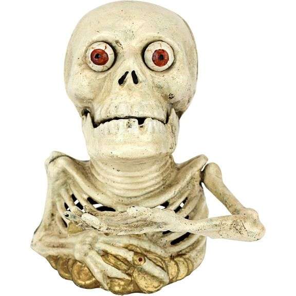 Vintage 6-Inch Cast Iron Mechanical Skeleton Coin Bank