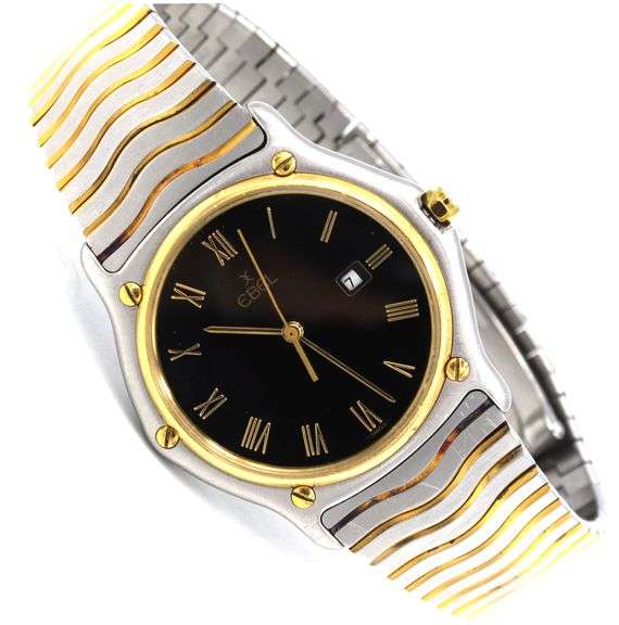 Ebel two tone quartz black dial classic wave watch