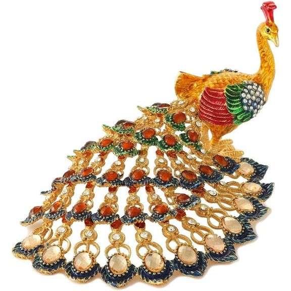 Hand-Painted Rhinestone Peacock Trinket Box