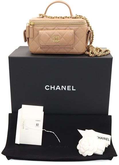 CHANEL Neutral Caviar Quilted Polly Pocket East West Top Vanity Chain Shoulder Bag w/ Box