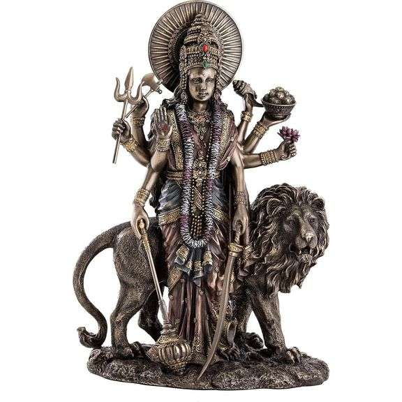 Bronze Statue Durga Goddess with Lion