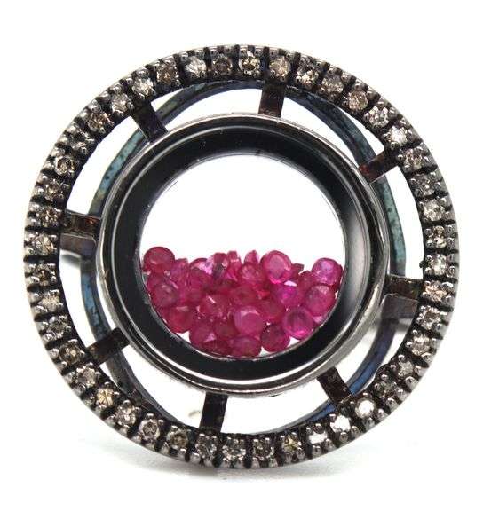 925 Sterling silver diamond halo and ruby shaker ring