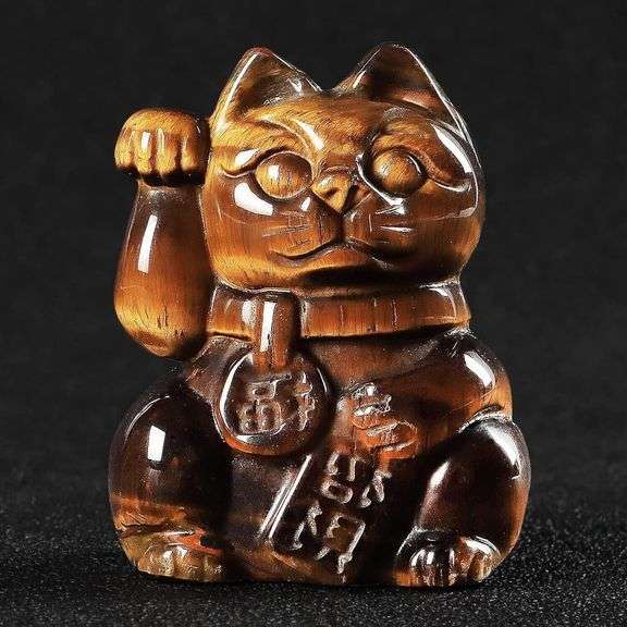 Hand Carved Tiger Eye Crystal Maneki Neko Lucky Fortune Cat