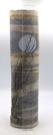 Vintage Alan Steinburg slab pottery vase with imprints and soft postel colors