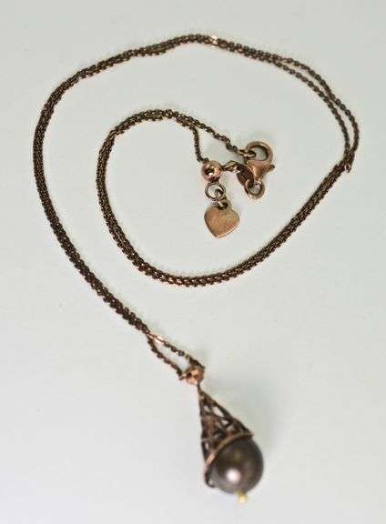 Bronze 14K Gold and Pearl Pendant on Necklace