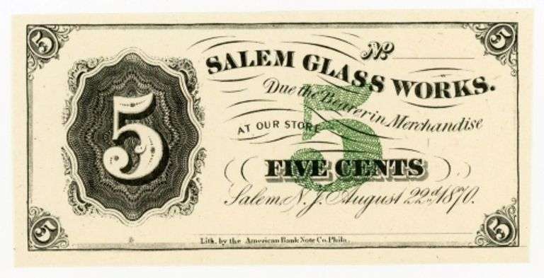 Superb Crisp 1870 .5 Cent Note Salem Glass Works Salem N.J.!
