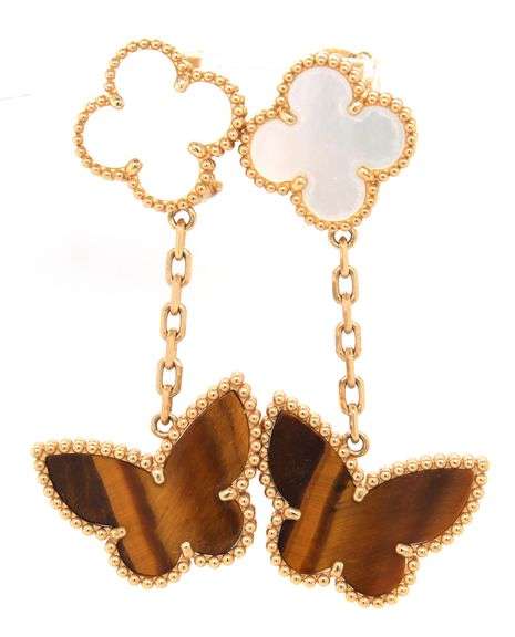 18kt Yellow gold mother of pearl motif and tiger eye butterfly dangle earrings