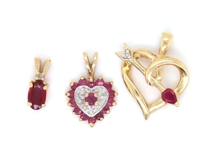 Trio of 14K YG Ruby and Diamond Pendants