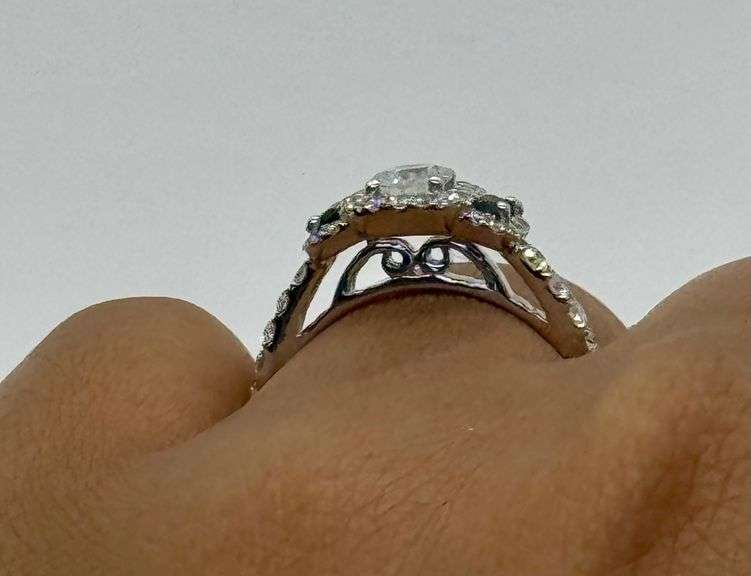 14K White Gold Round Brilliant Cut Diamond and Sapphire Engagement Ring