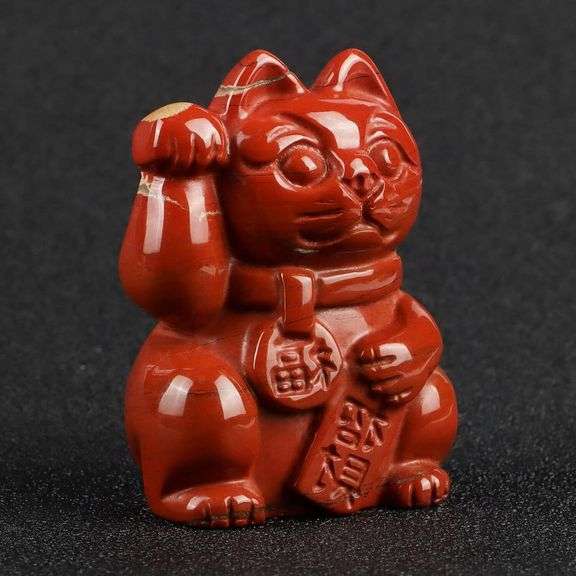 Handcarved Red Jasper Crystal Lucky Cat for Wealth & Good Luck