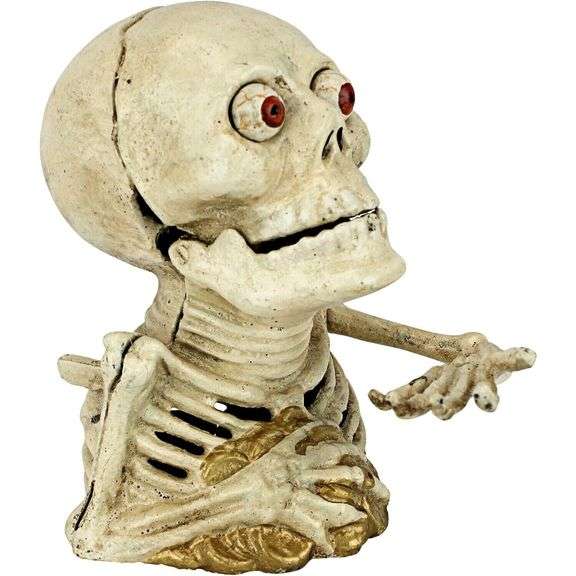 Vintage 6-Inch Cast Iron Mechanical Skeleton Coin Bank
