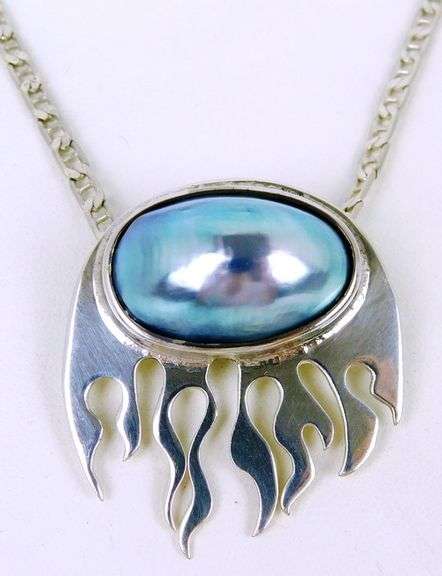 Stunning Sterling & Big Mabe Blue Pearl Pendant & Chain