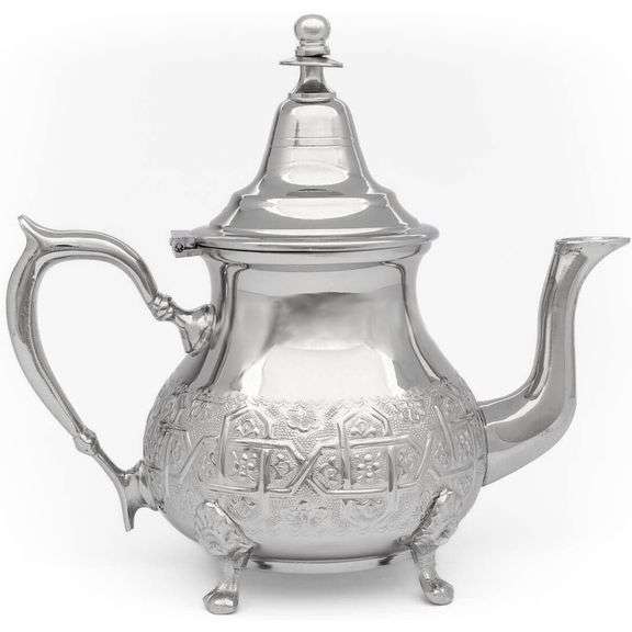 Hand-Carved Moroccan Brass Silver-Plated Teapot