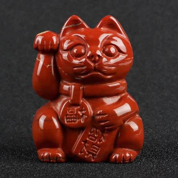 Handcarved Red Jasper Crystal Lucky Cat for Wealth & Good Luck
