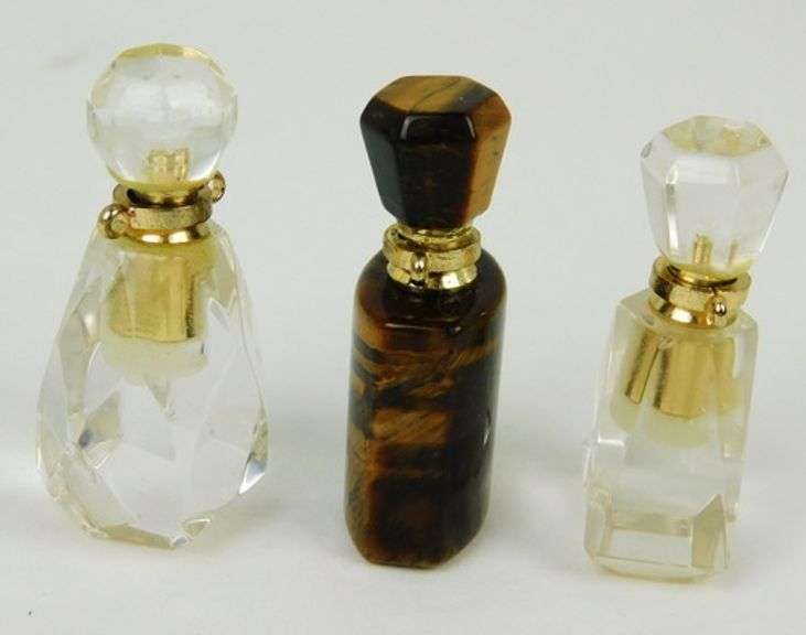 3 Miniature Perfume Bottles, Crystal & Tiger Eye
