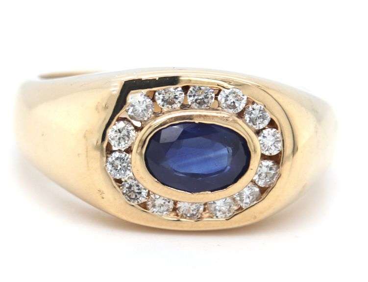 Gent's 14kt Yellow gold blue sapphire and diamond halo ring
