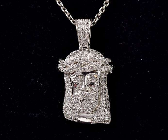CZ Gemstone Jesus Pendant Necklace in Sterling Silver