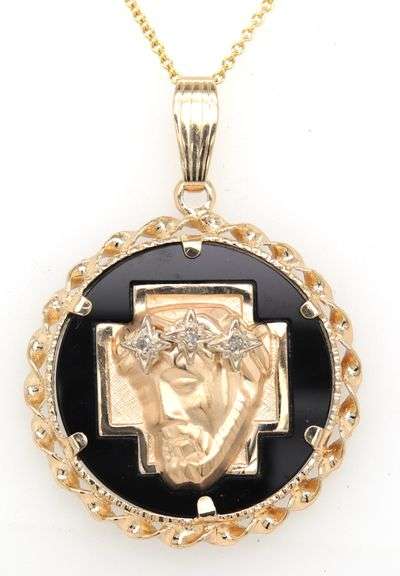 14kt Yellow gold Christ head round black onyx and diamond braided twisted pendant on chain