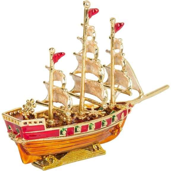 Hand-Painted Ship with Rhinestones Trinket Box