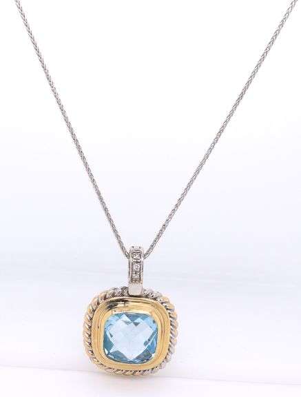 14kt Two Tone Gold Blue Topaz Square Cable Classic Pendant on White Gold Chain Necklace