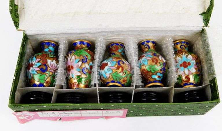 1970's Box Set of 5 Chinese Cloisonne Miniature Vases