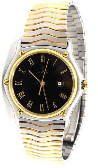 Ebel two tone quartz black dial classic wave watch