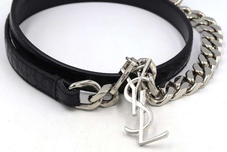 Saint Laurent YSL logo silver tone black leather chain belt