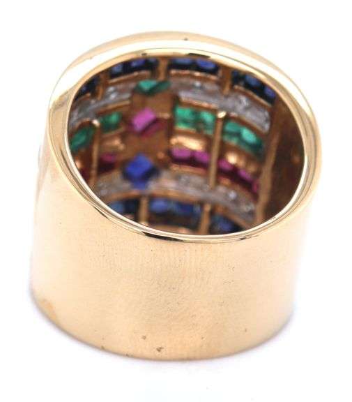 14kt Yellow gold sapphire, Ruby, emerald and diamond channel set wide band