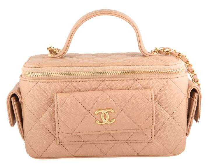 CHANEL Neutral Caviar Quilted Polly Pocket East West Top Vanity Chain Shoulder Bag w/ Box