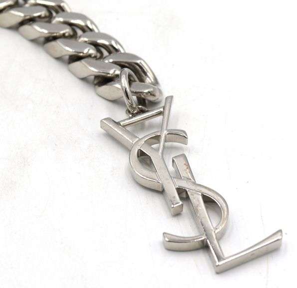 Saint Laurent YSL logo silver tone black leather chain belt