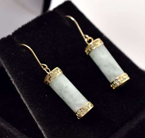 Superb 10K Yellow Gold Green Jade Dangle Earrings